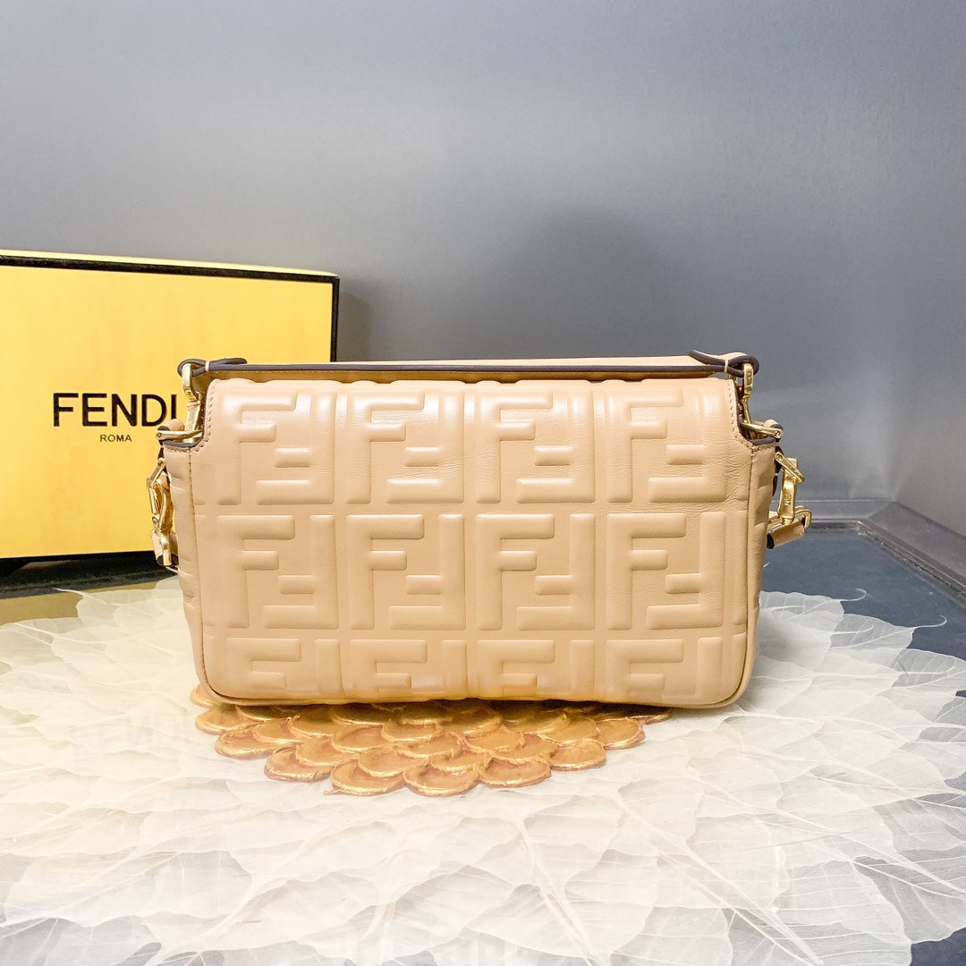 Fendi Baguette Embossed Beige Leather Shoulder Bag with Wide Strap