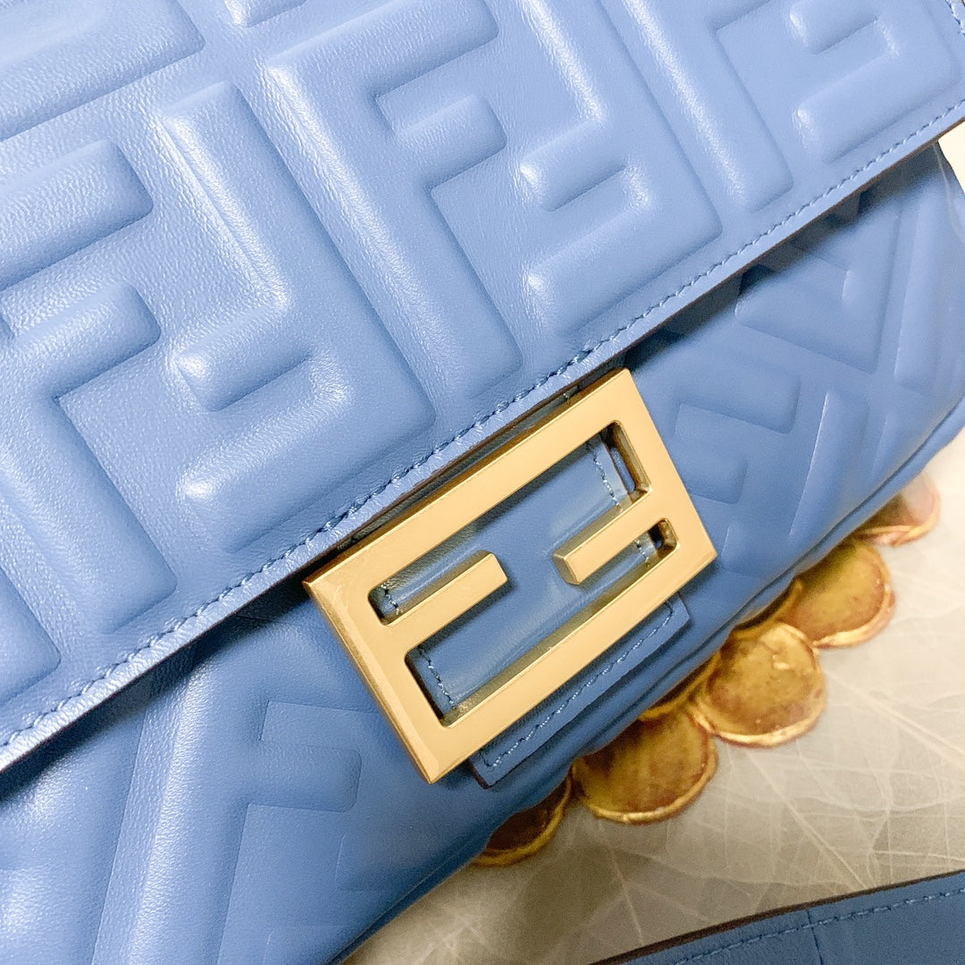 Fendi Baguette Blue Embossed FF Logo Leather Shoulder Bag with Gold Hardware