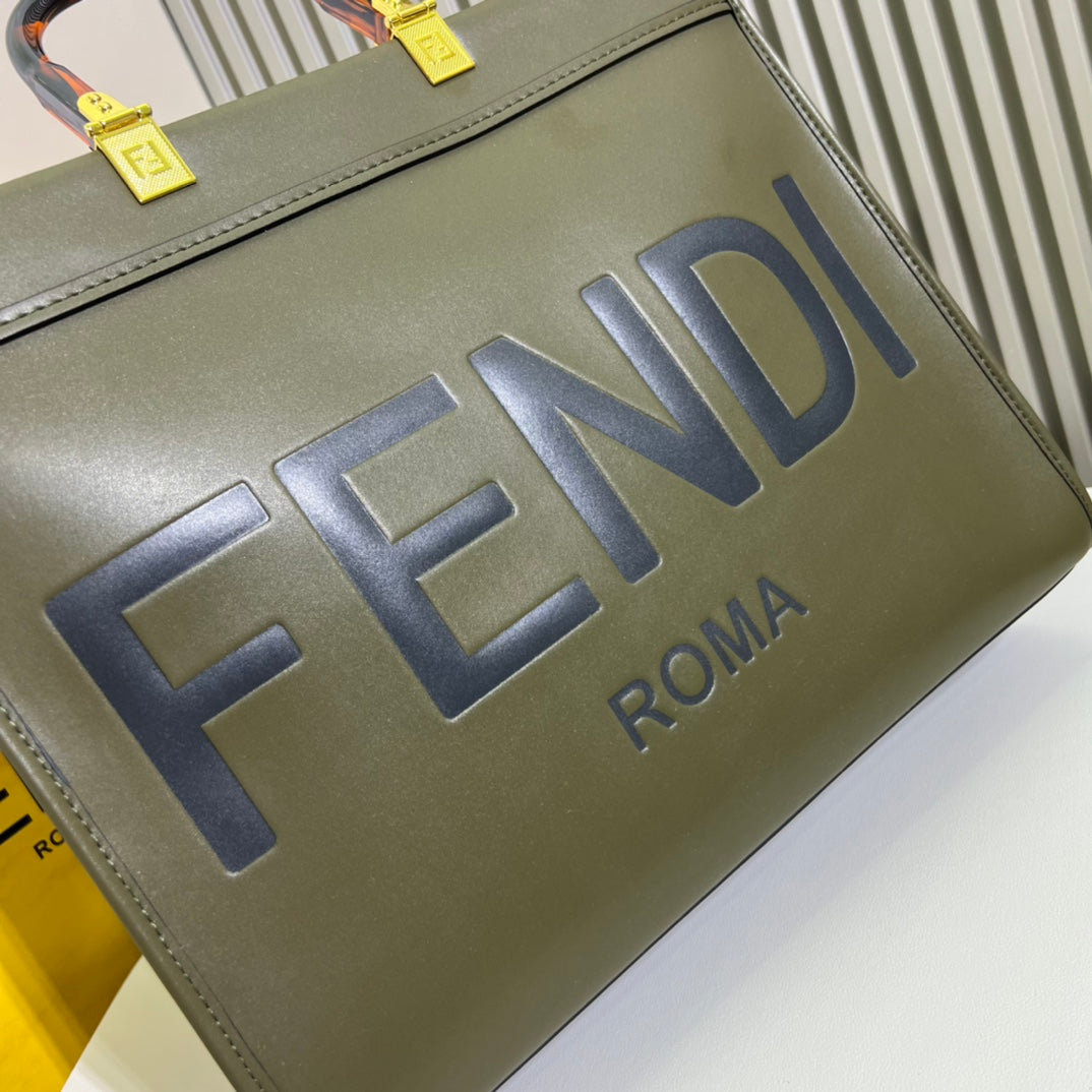 Fendi Sunshine Medium Shopper Bag - Olive Green Leather Tote with Fendi Roma Logo