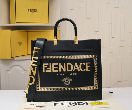 Fendace Black Leather Sunshine Shopper Tote Bag - Fendi x Versace Collaboration