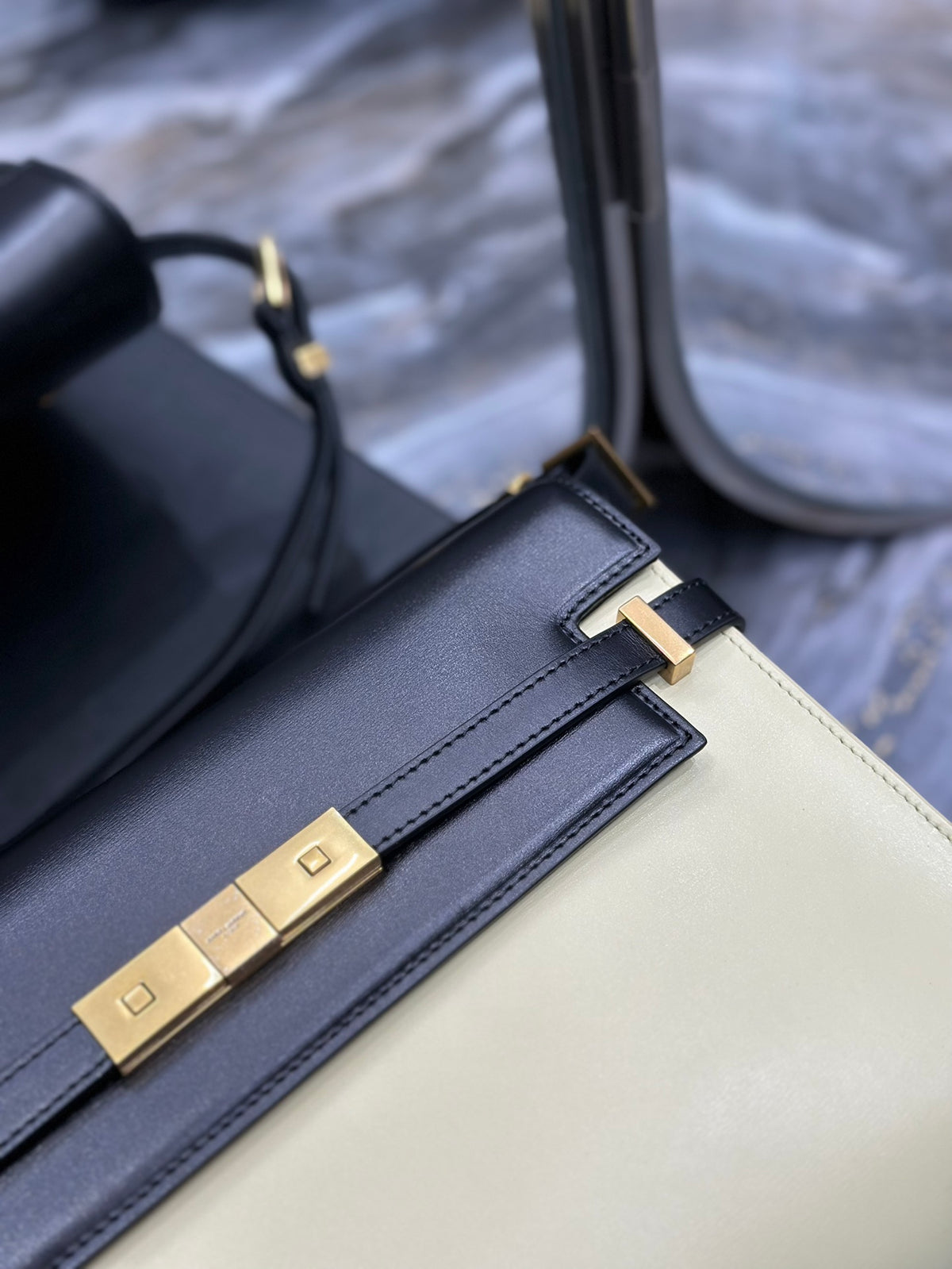 Two-Tone Leather Shoulder Bag - Black and Cream with Gold-Tone Clasp