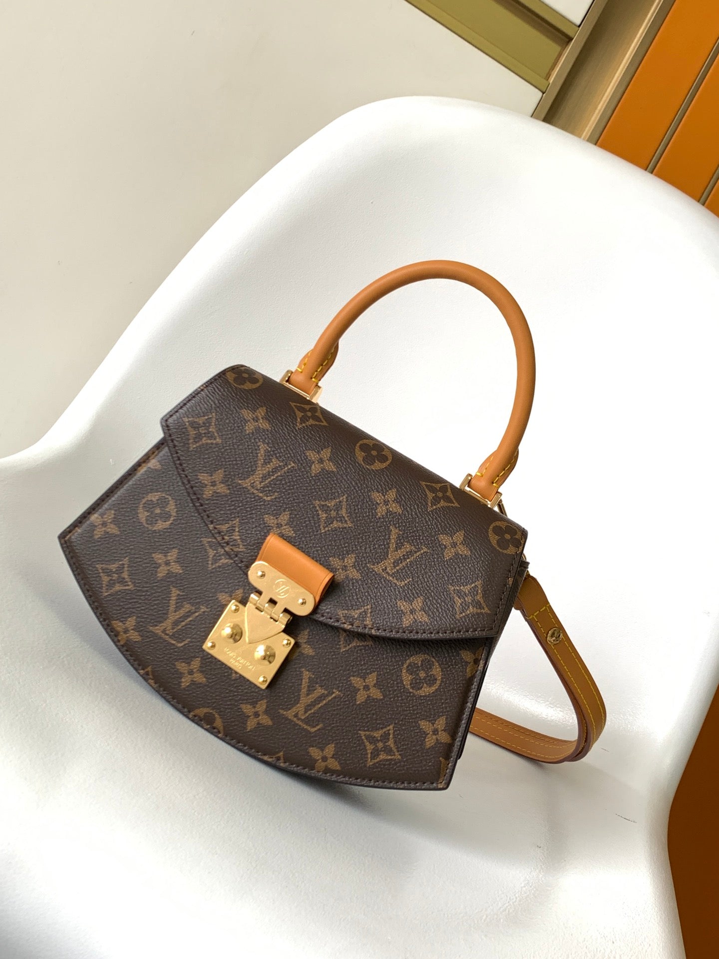 Louis Vuitton Vintage Brown Monogram Satchel Bag with Top Handle and Gold Lock