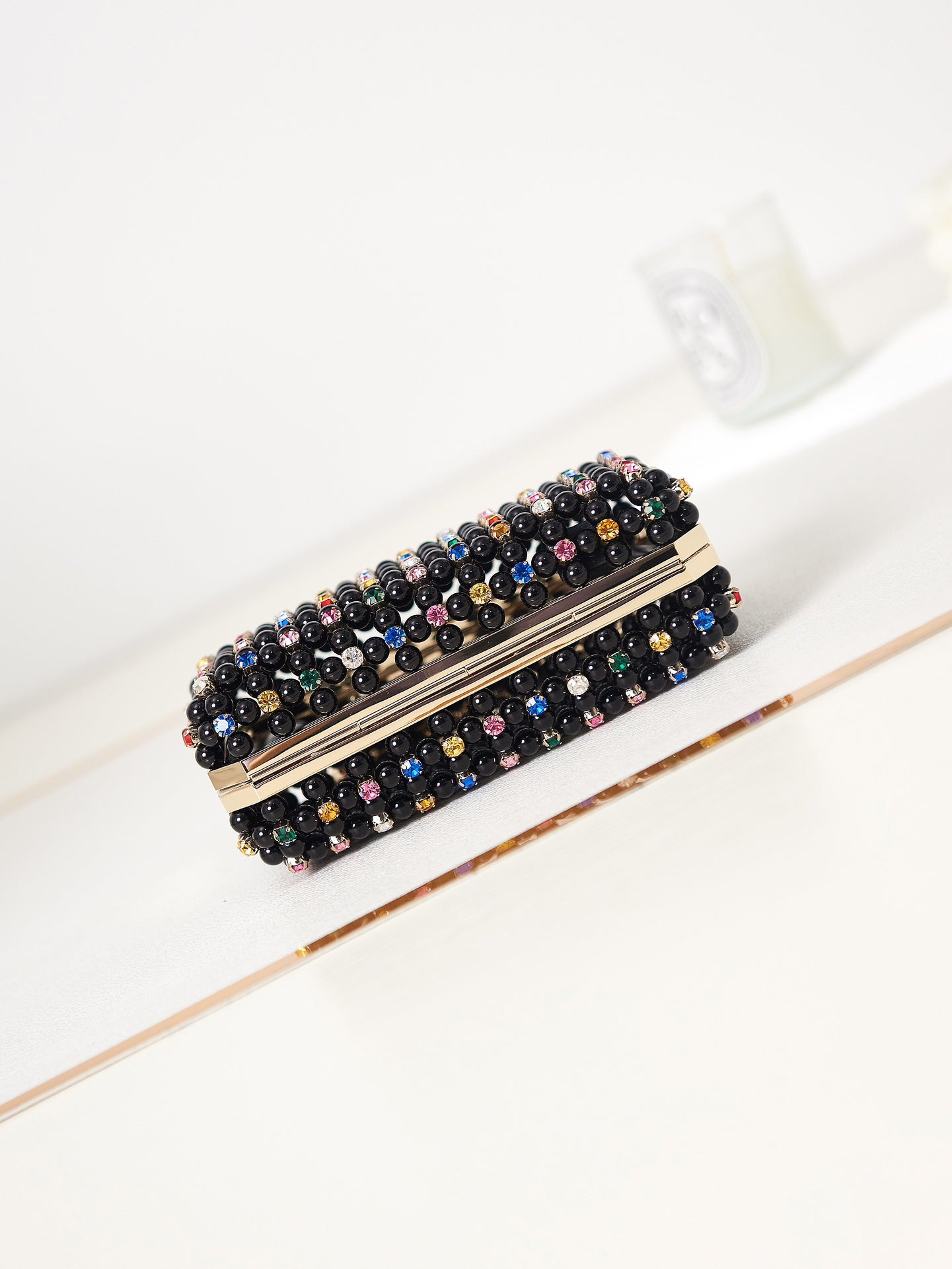 Black Studded Evening Clutch Crossbody Bag with Chain Strap