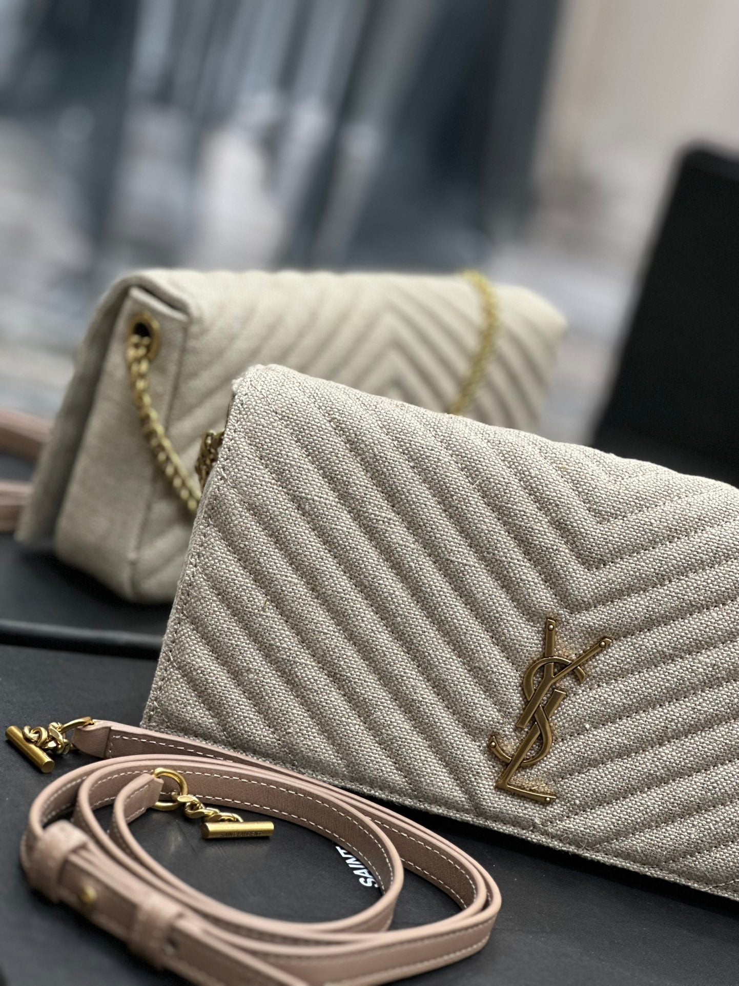 Saint Laurent Cassandre Matelassé Chain Wallet in Beige Grain de Poudre Leather