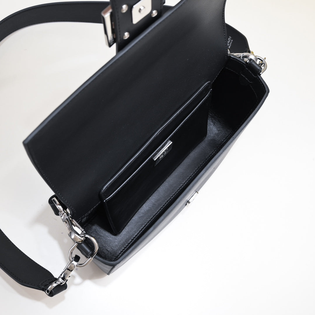Fendi Black Leather Baguette Bag with Silver-Tone Hardware