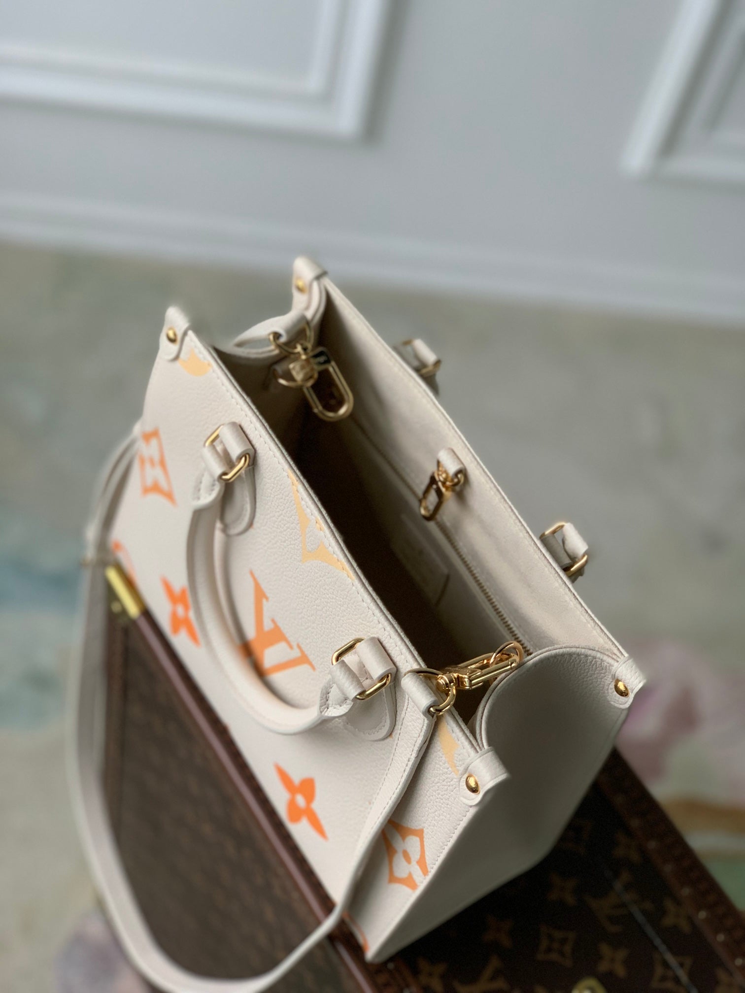 Louis Vuitton Cream and Orange Monogram Top Handle Leather Tote Bag