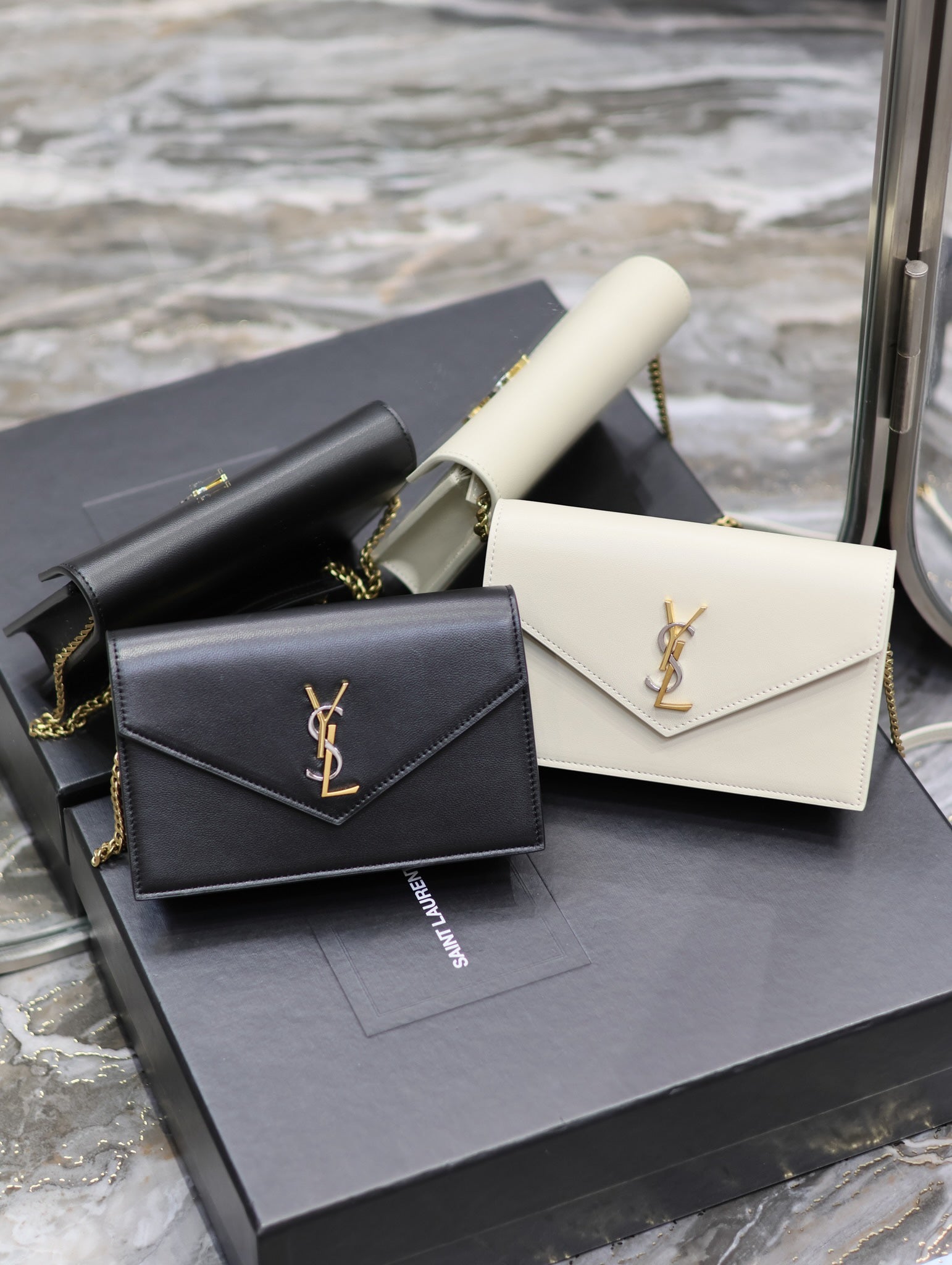 Saint Laurent Cassandre Monogram Envelope Wallet on Chain - Black &amp; White Leather