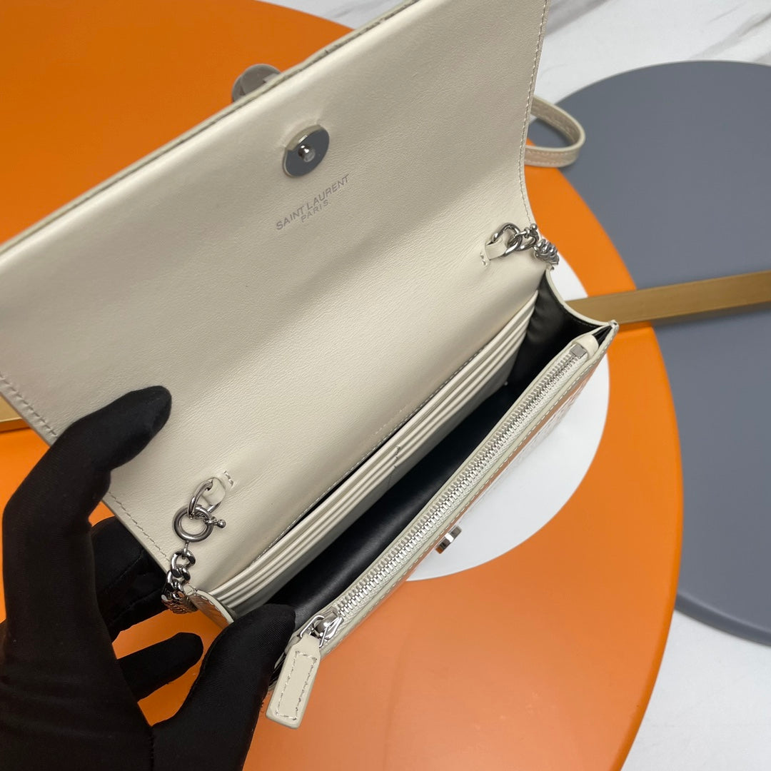Saint Laurent Kate Small Crocodile-Embossed Leather Chain Bag - Cream