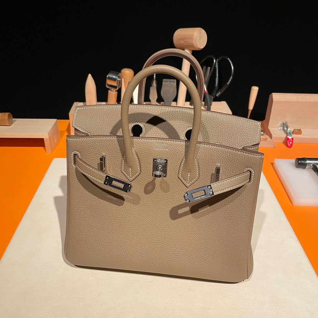 Luxury Beige Leather Top Handle Handbag - Birkin Style Craftsmanship Edition