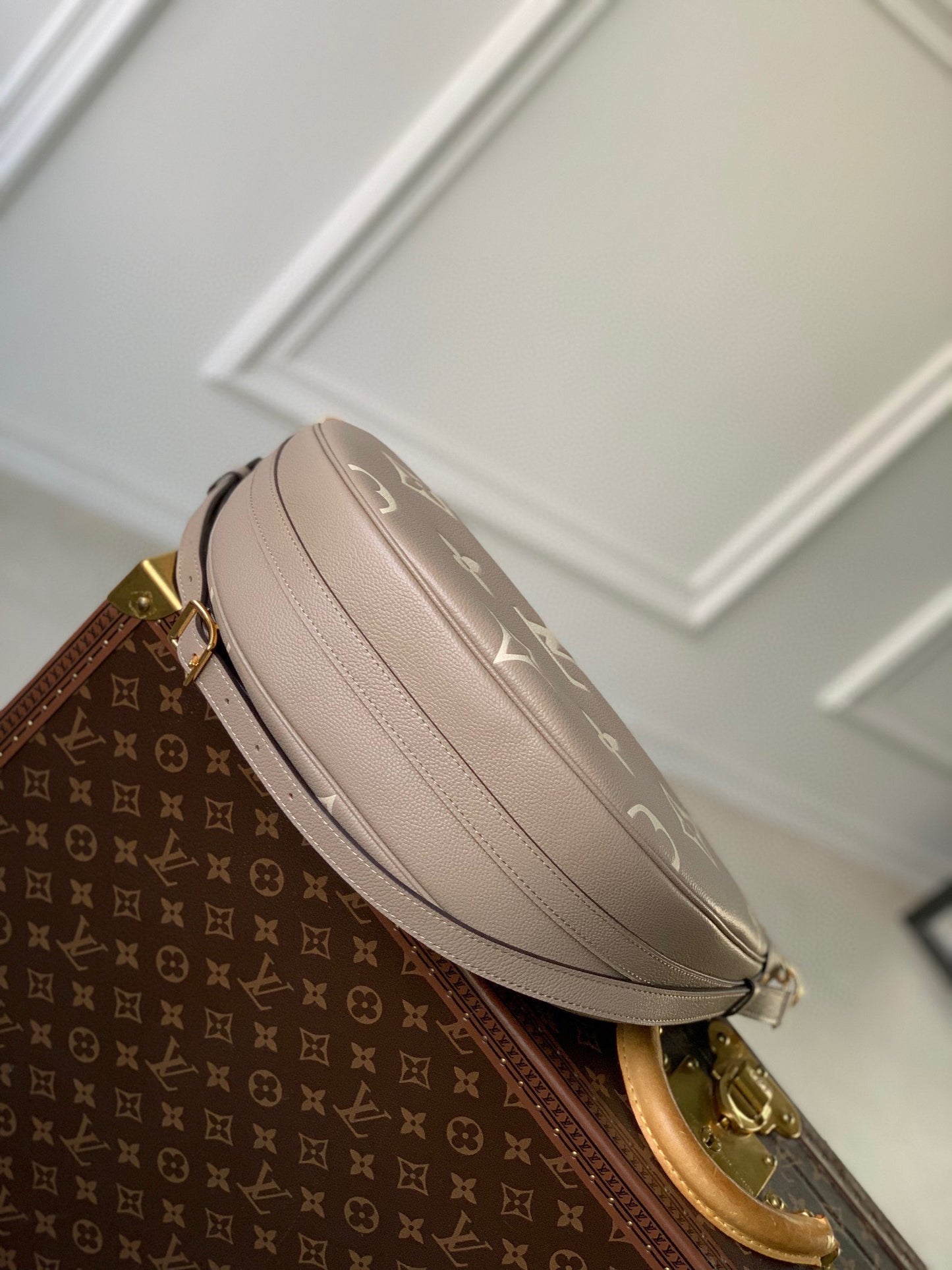 Louis Vuitton Elegant Monogram Print Taupe Leather Crescent Shoulder Bag