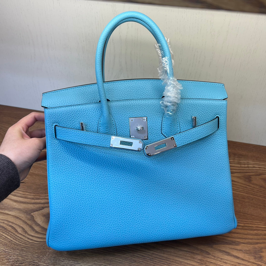 Bright Blue Textured Leather Top Handle Satchel Bag