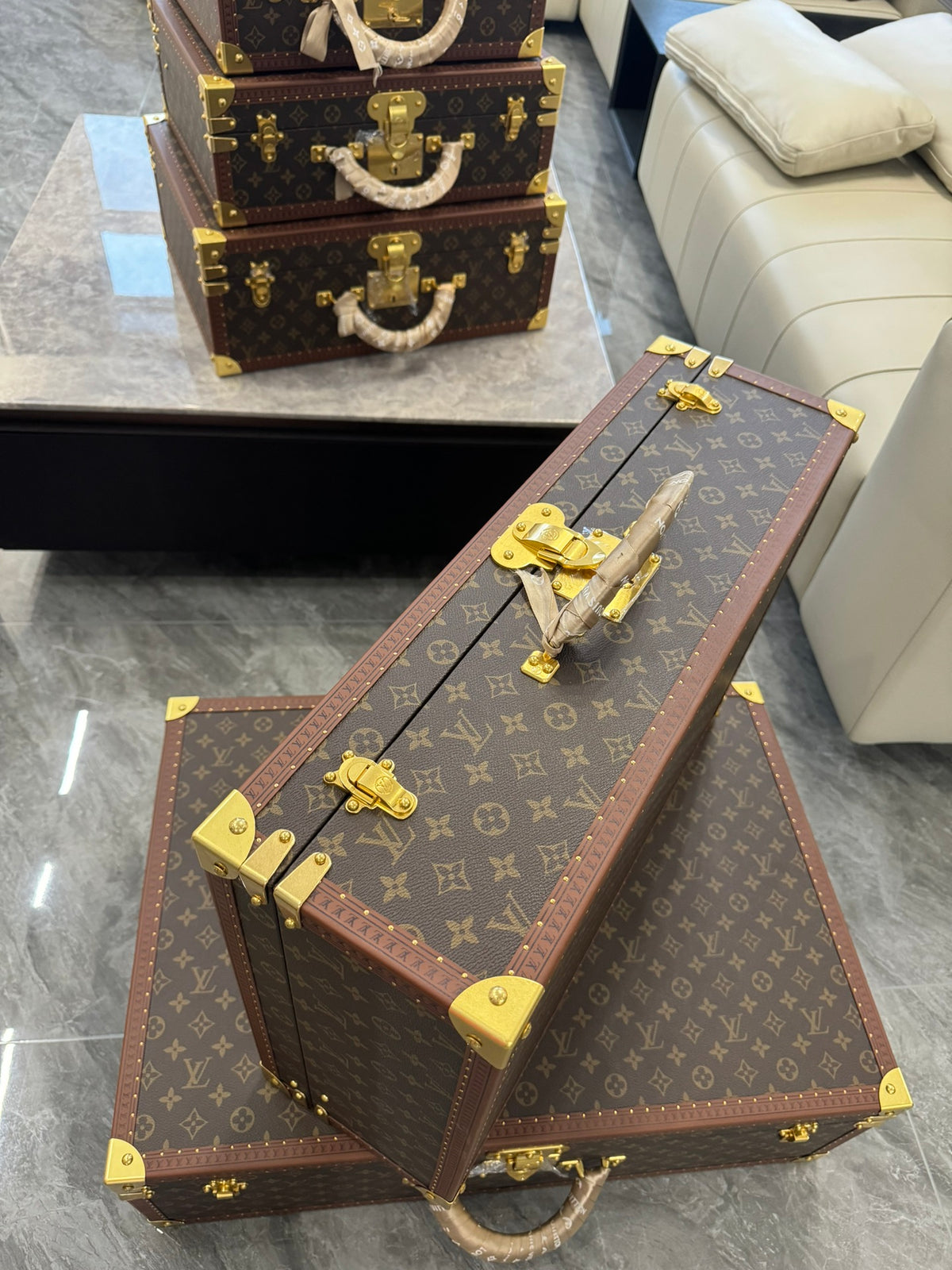 Vintage Monogram Hardcase Trunk Suitcase Set with Gold Accents