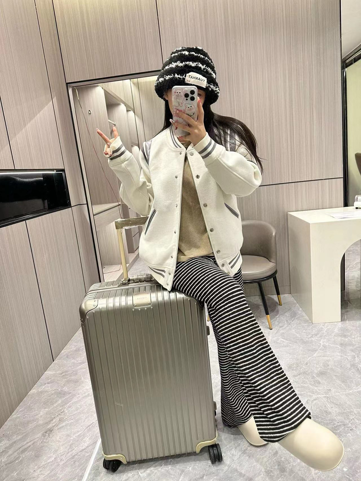 Women's Oversized White Varsity Baseball Jacket with Striped Trim