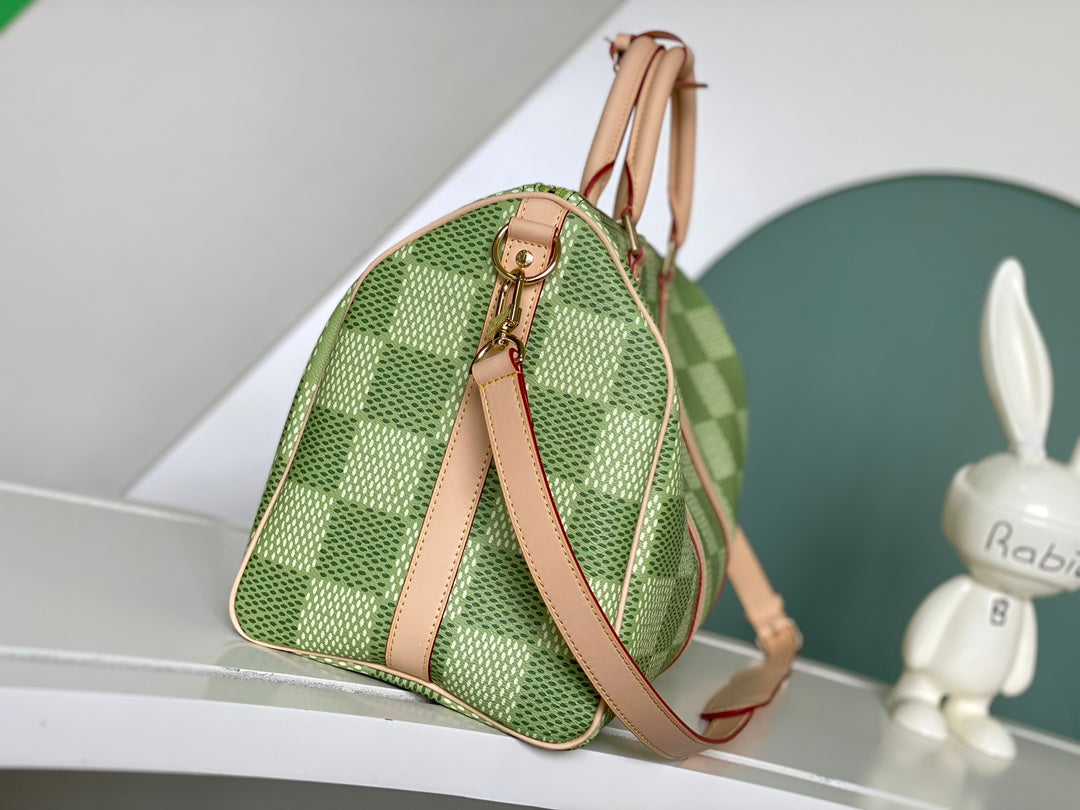 Louis Vuitton Classic Green Checkerboard Travel Duffle Bag with Leather Trim