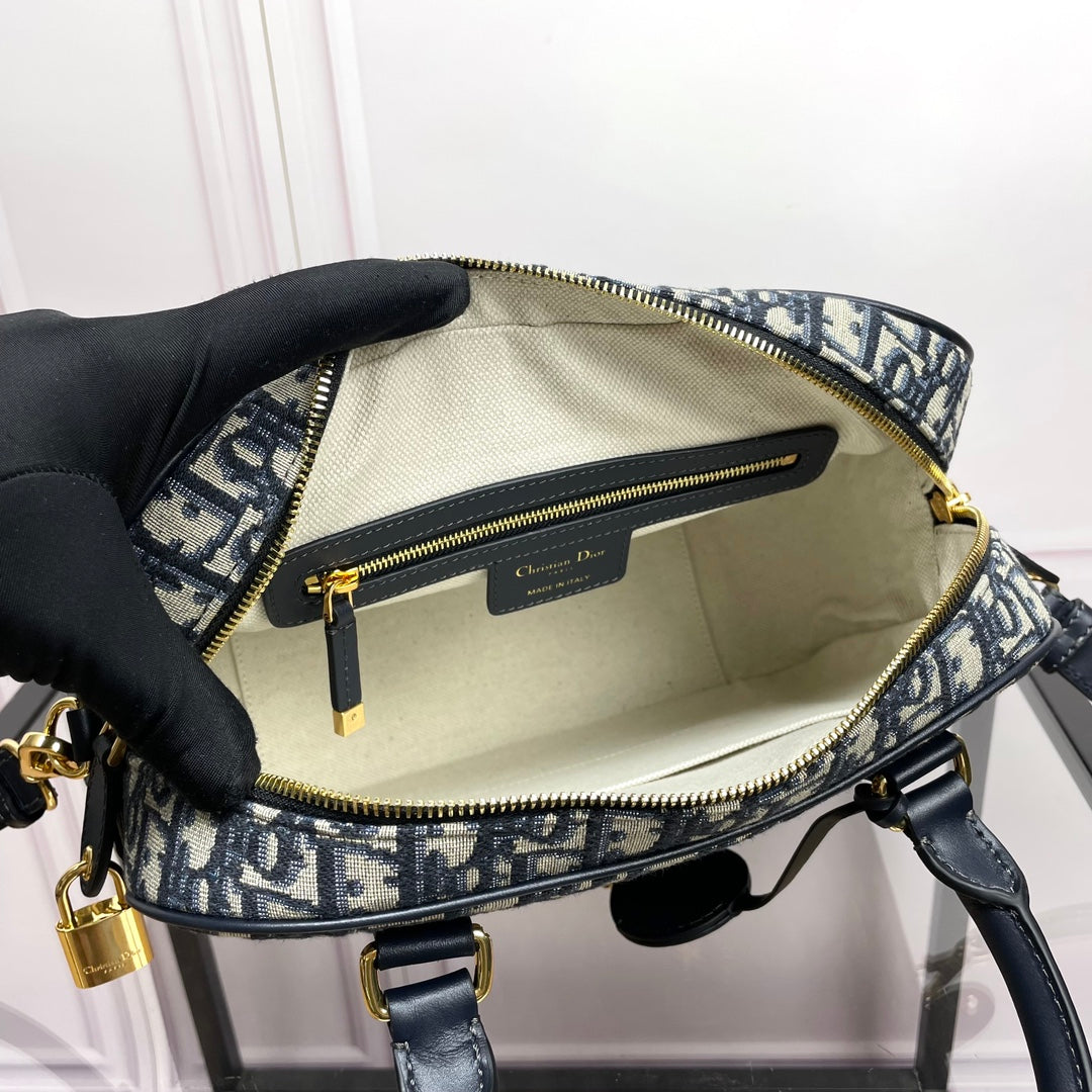 Dior Classic Navy Blue Monogram Canvas Satchel Bag with Top Handles