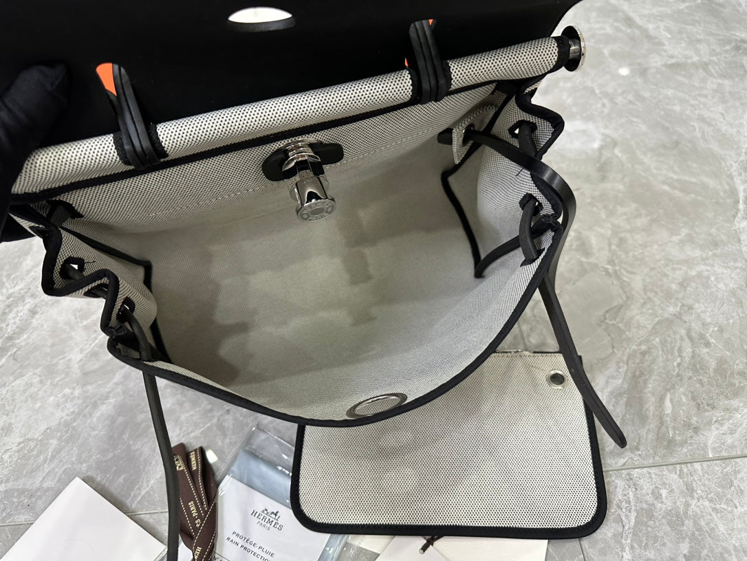 Patterned Canvas &amp; Black Leather Top Handle Handbag - Luxury Two-Tone Shoulder Bag
