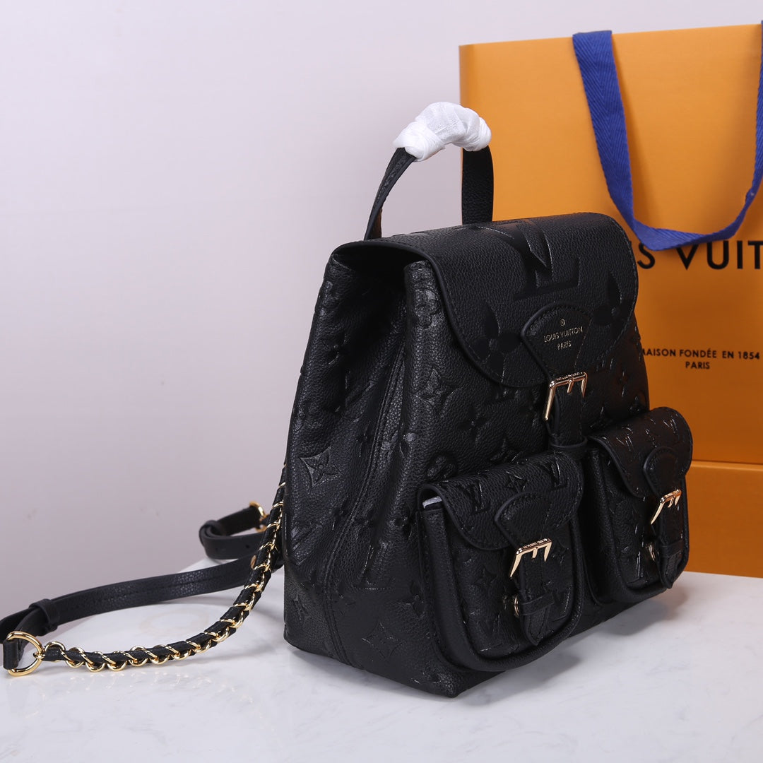 Louis Vuitton Luxury Black Embossed Leather Backpack with Gold Buckles