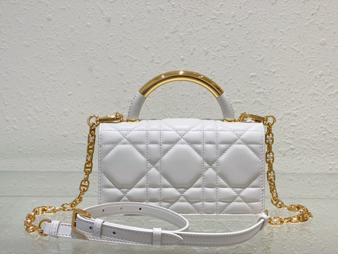 Dior Classic White Quilted Leather Top Handle Bag with Gold Chain