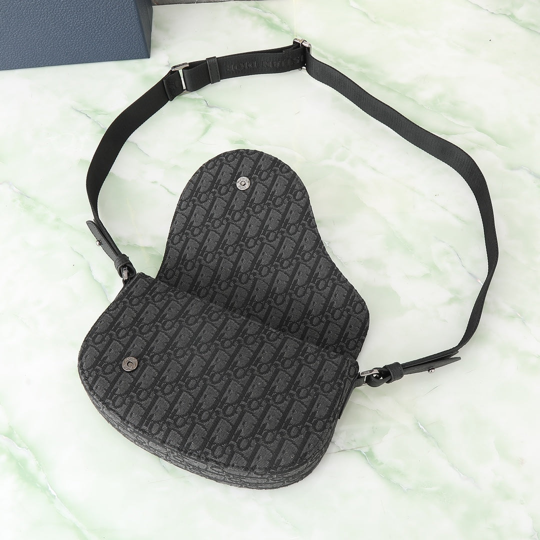 Dior Men's Saddle Bag - Black Oblique Canvas and Grained Leather Messenger Bag