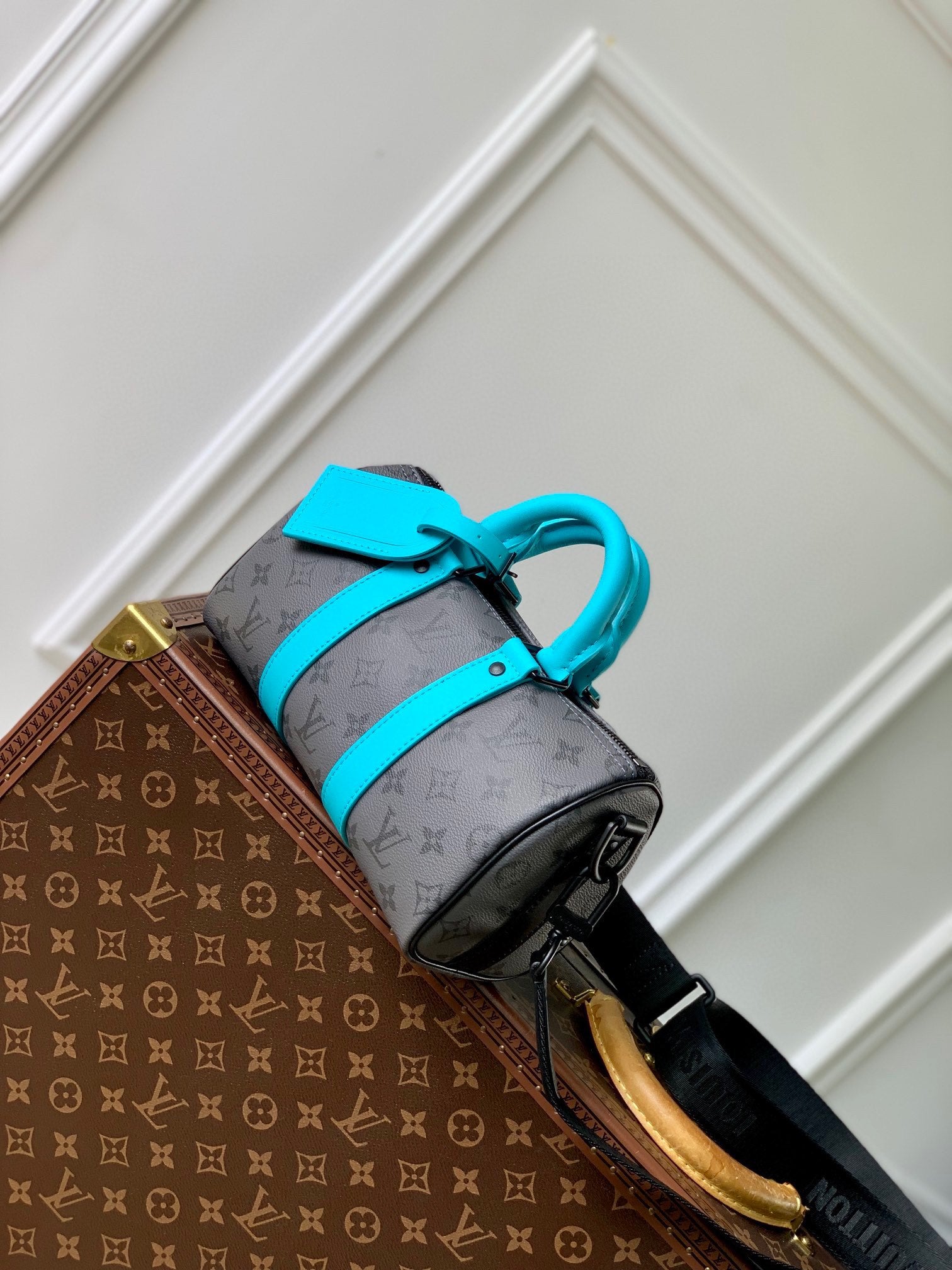 Louis Vuitton Keepall Bandoulière 25 Monogram Eclipse Turquoise Accent Mini Duffle Bag