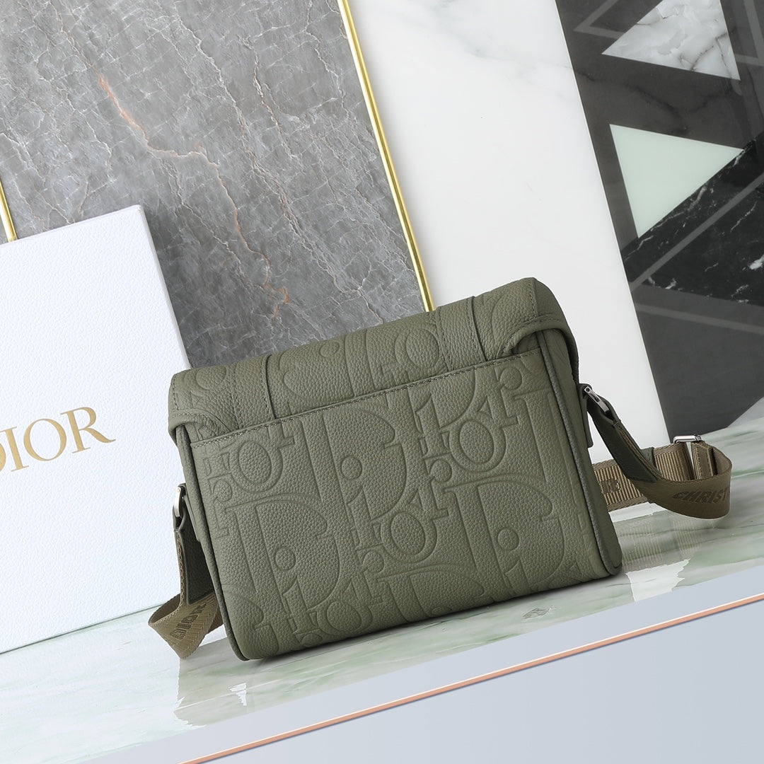 Dior Olive Green Embossed Leather Crossbody Messenger Bag with Buckles