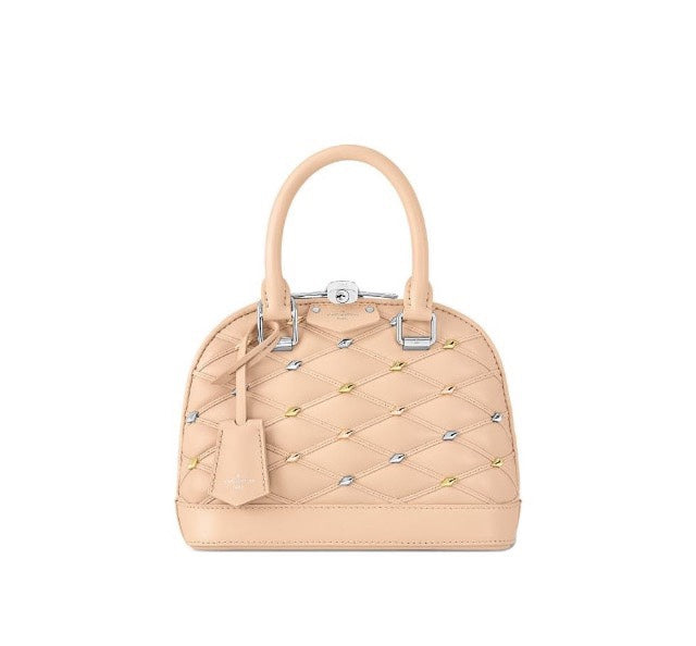 Quilted Leather Dome Top Handle Bag with Studs - Beige