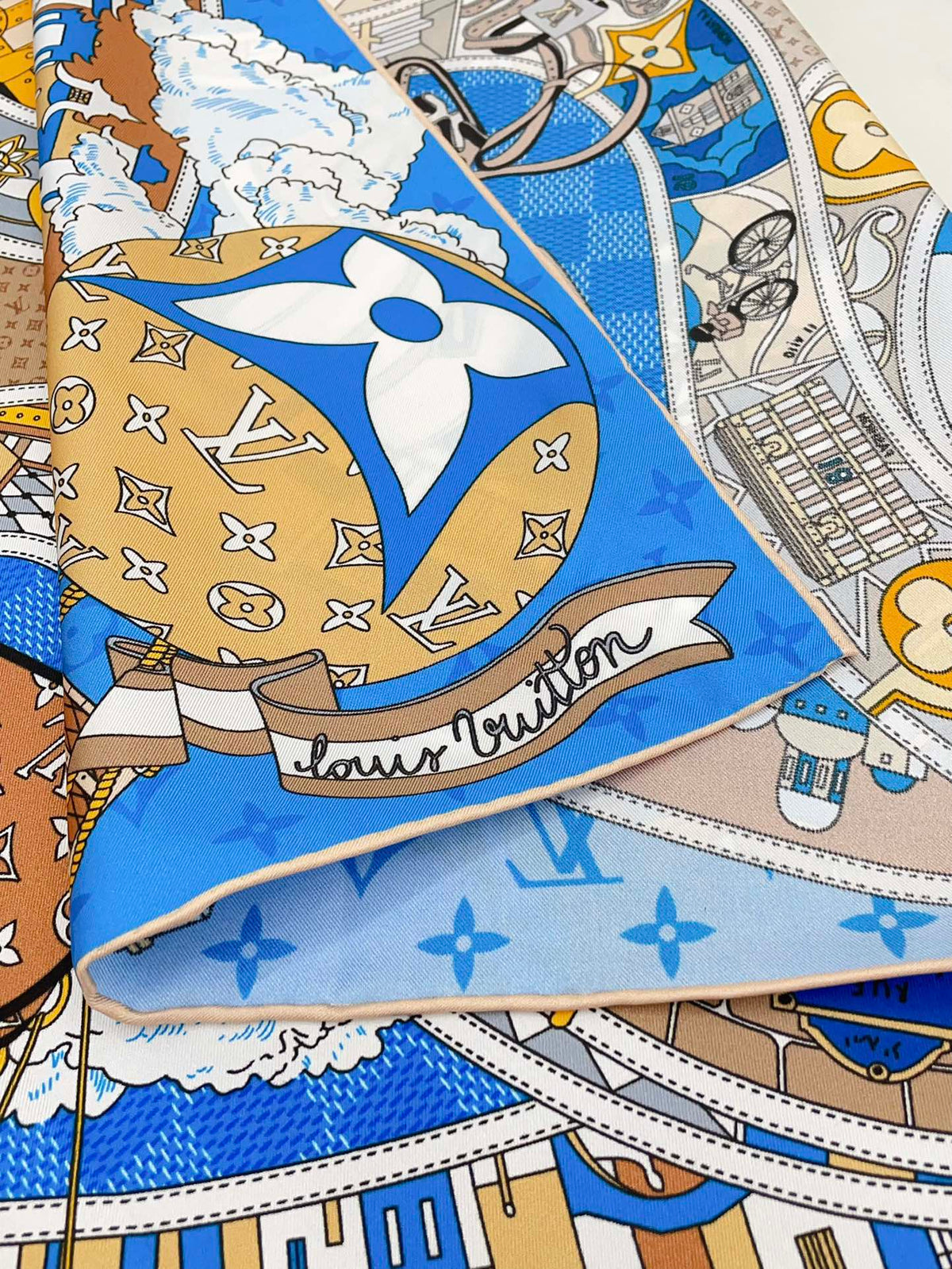 Women's Blue Silk Scarf with Monogram Print and Illustrated Design - Elegant Fashion Neck Accessory