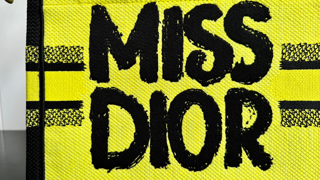 Christian Dior Miss Dior Graffiti Book Tote - Small Yellow & Black Canvas Handbag
