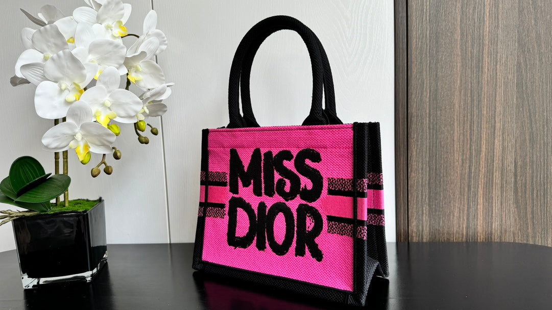 Dior Vibrant Pink Canvas Tote Bag with Black Graphic Print and Top Handles