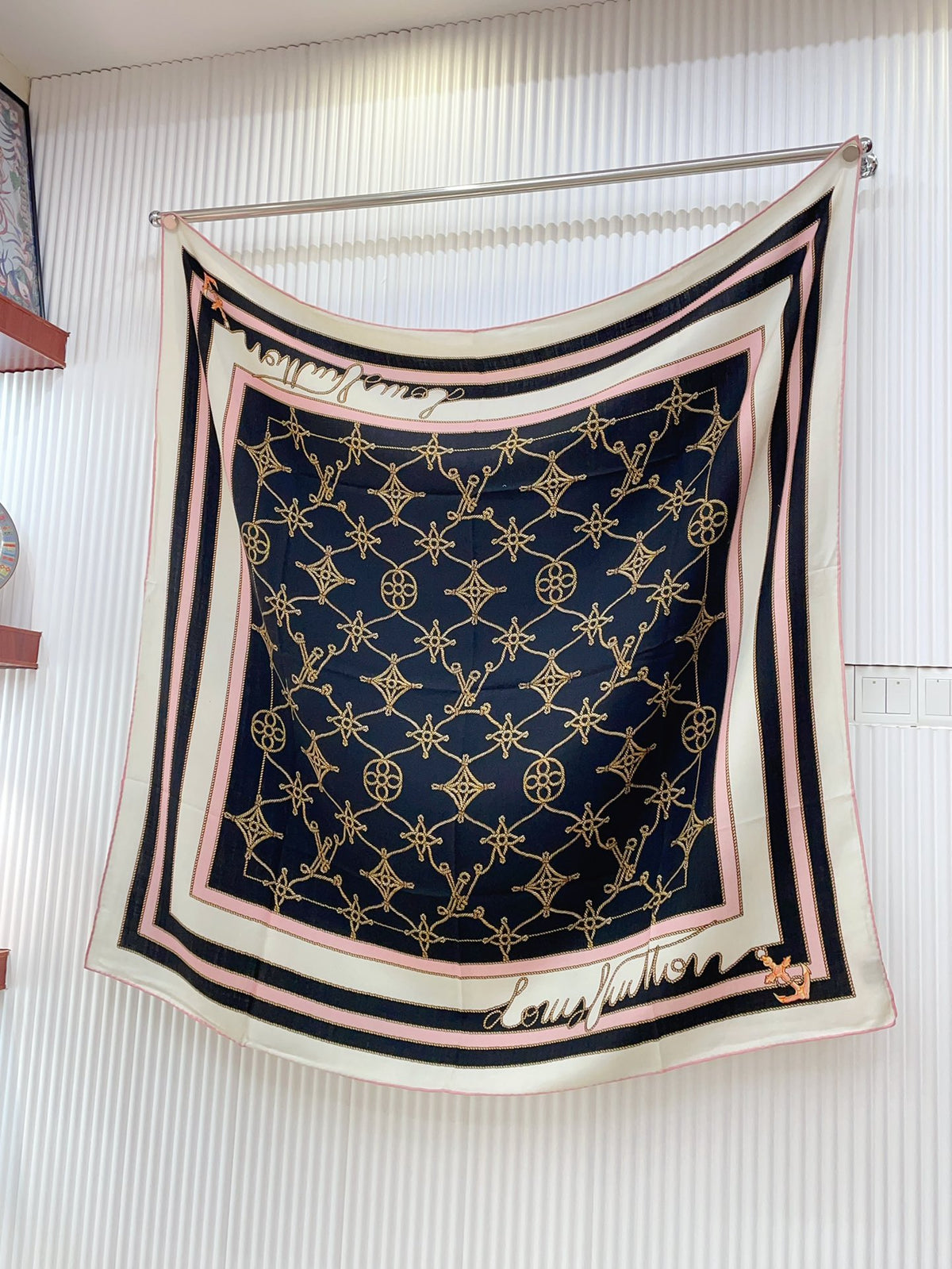 Women's Elegant Large Scarf Shawl - Black, Pink and White Geometric Chain Print Wrap for Ladies