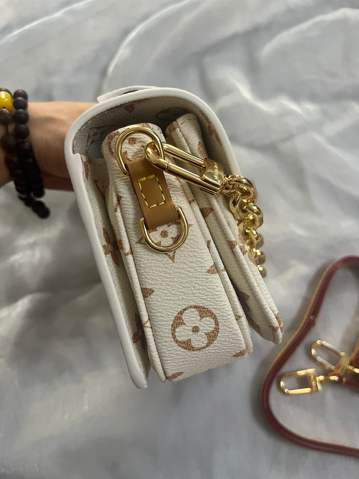 Classic Cream Monogram Luxury Shoulder Bag with Gold Chain & Crossbody Strap