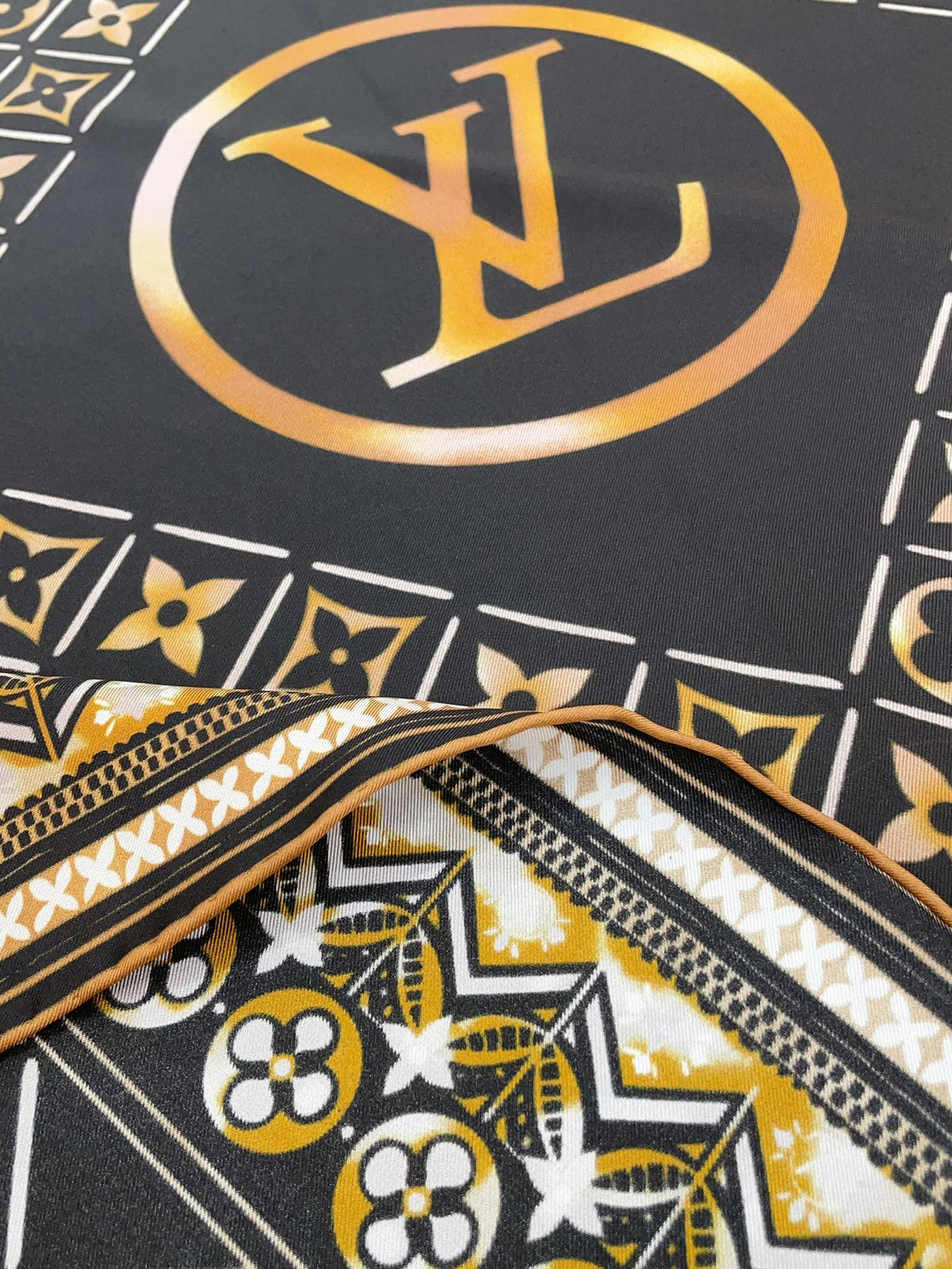 Women's Luxury Monogram Print Silk Satin Scarf - Navy Blue and Gold Geometric Pattern Square Fashion Scarf