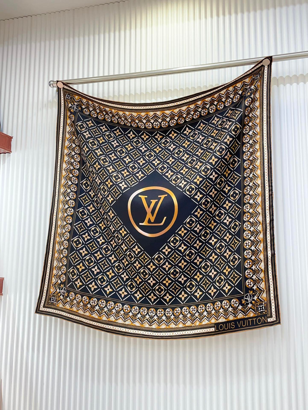 Women's Luxury Monogram Print Silk Satin Scarf - Navy Blue and Gold Geometric Pattern Square Fashion Scarf