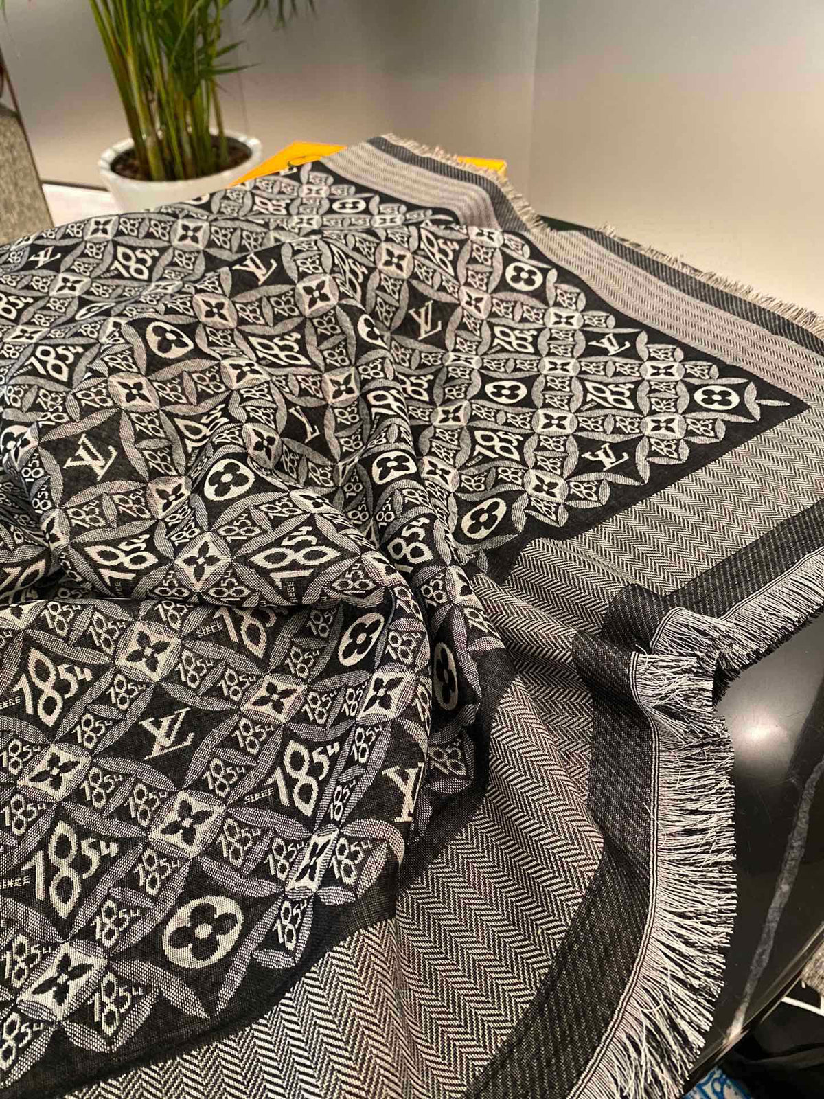 Women's Elegant Patterned Scarf - Large Grey and Black Luxury Inspired Shawl Wrap for Winter and Fall
