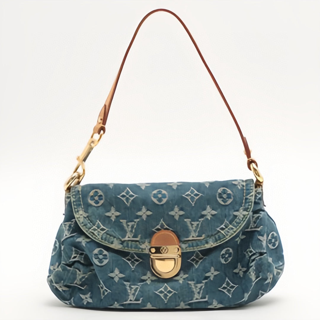 Louis Vuitton Vintage Blue Denim Monogram Shoulder Bag with Gold Lock Clasp
