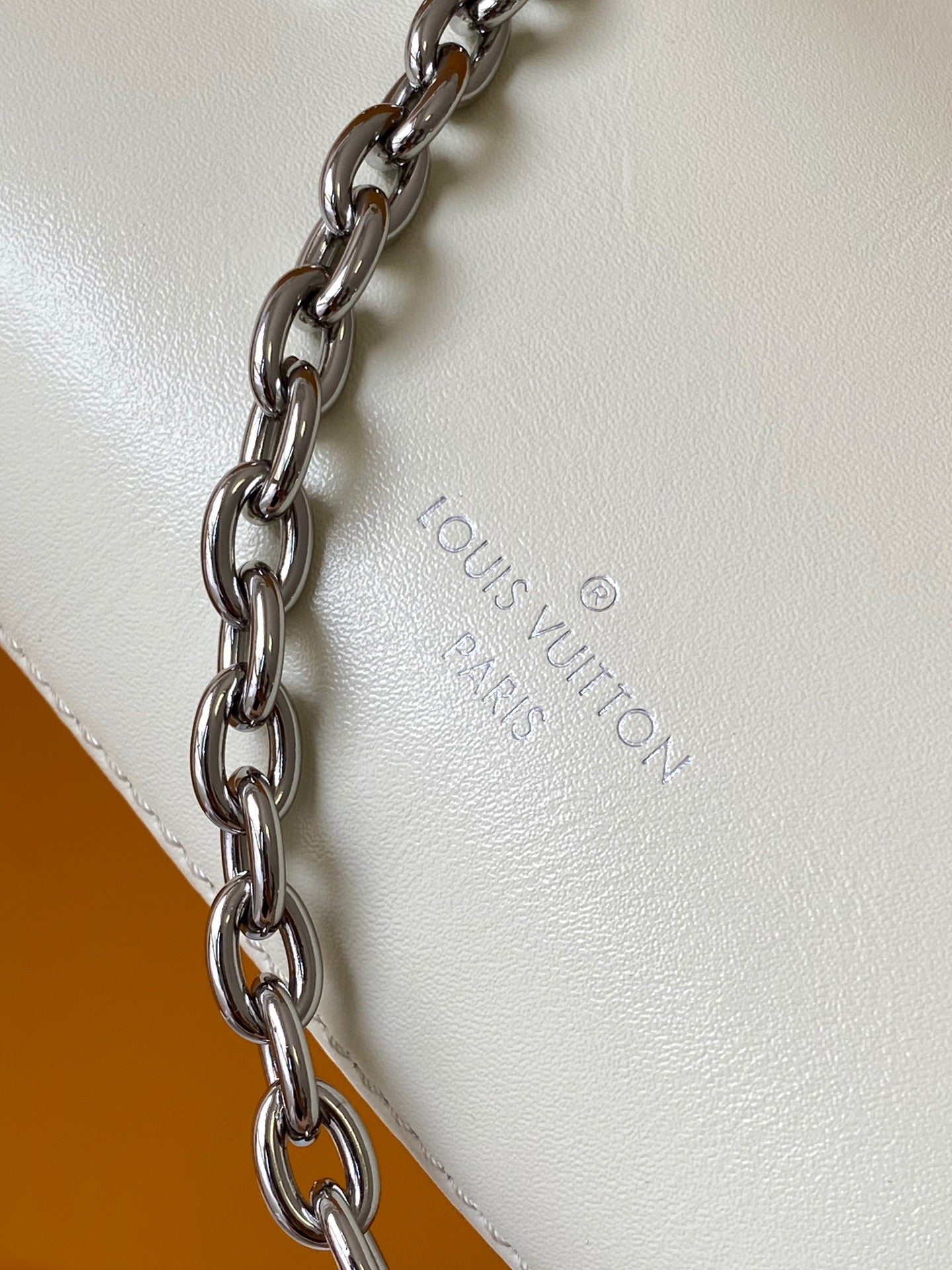 Louis Vuitton Beige Leather Crossbody Bag with Silver Studded Corners and Chain Strap