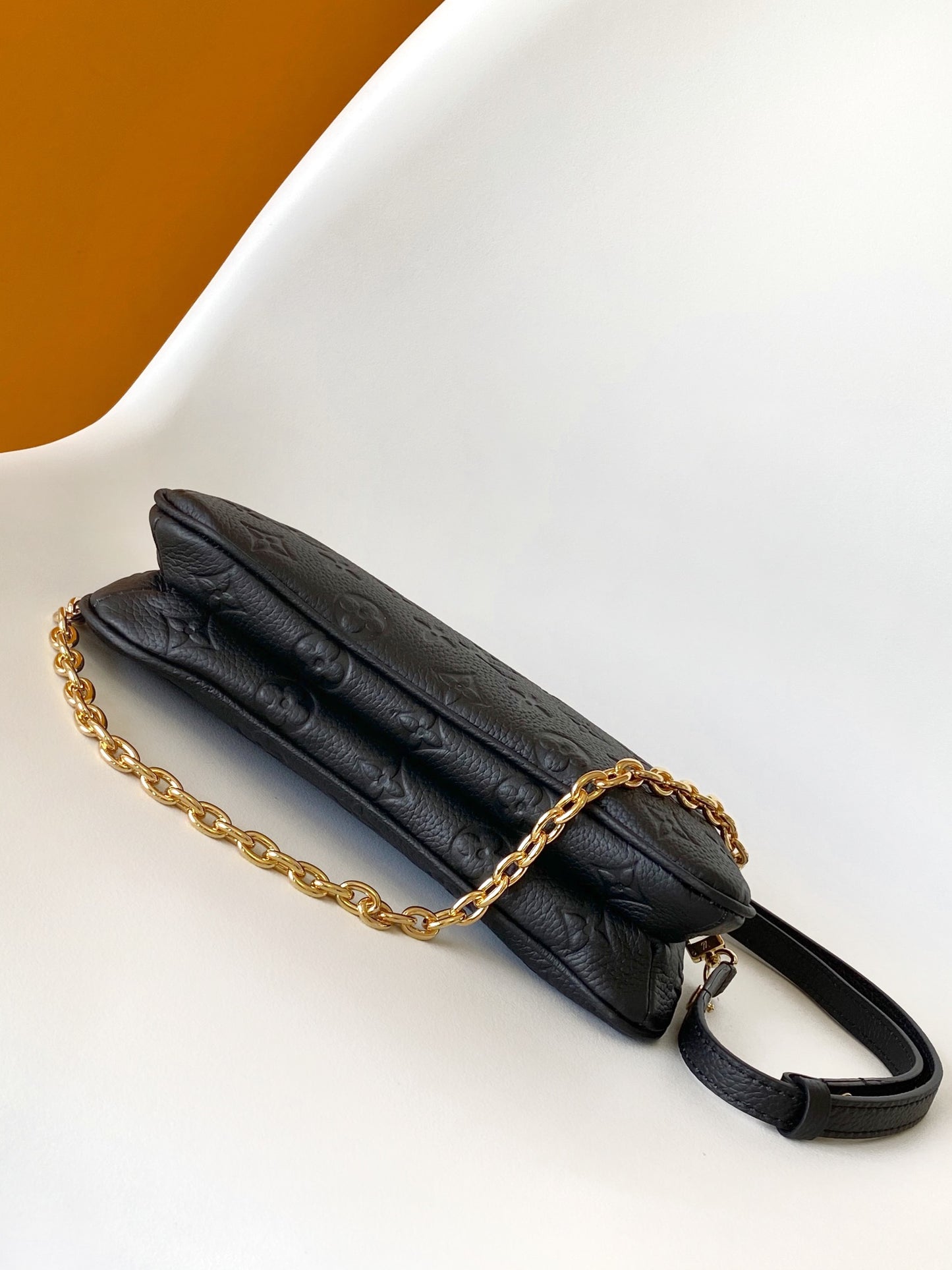 Louis Vuitton Black Embossed Leather Crossbody Bag with Gold Chain Strap