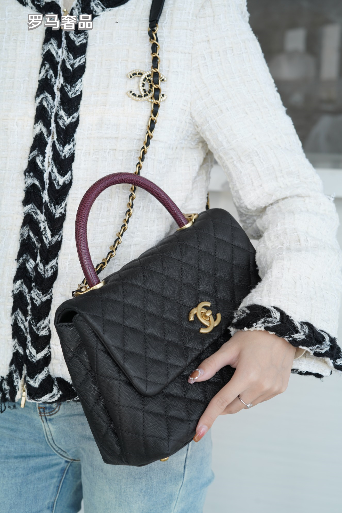 Chanel Medium Coco Handle Bag Black Quilted Caviar Leather Gold Hardware