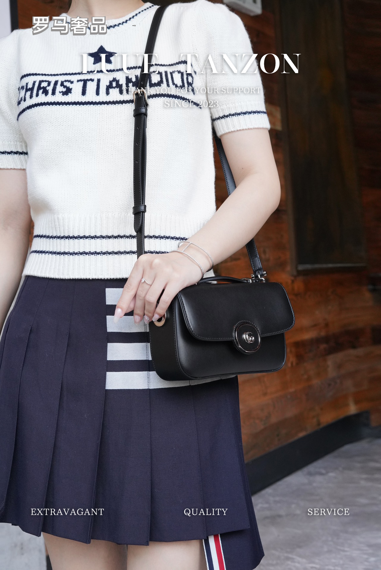 Women's Black Leather Crossbody Shoulder Bag with Silver Round GG Clasp