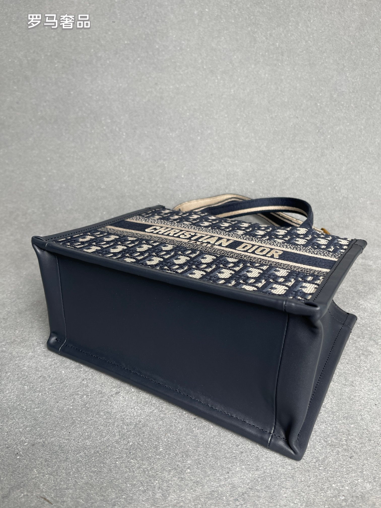Dior Navy Blue Monogram Canvas Tote Bag with Top Handles