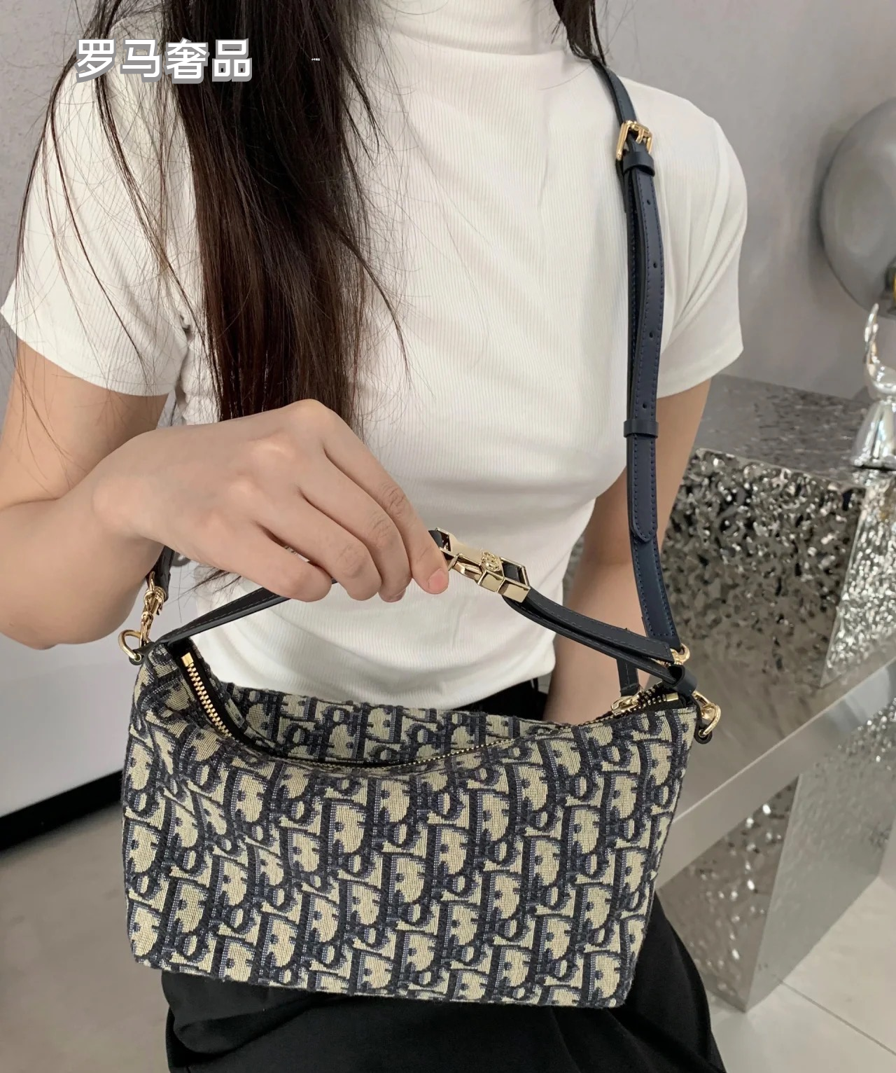 Vintage Inspired Monogram Canvas Shoulder Bag with Adjustable Strap - Navy Blue & Grey
