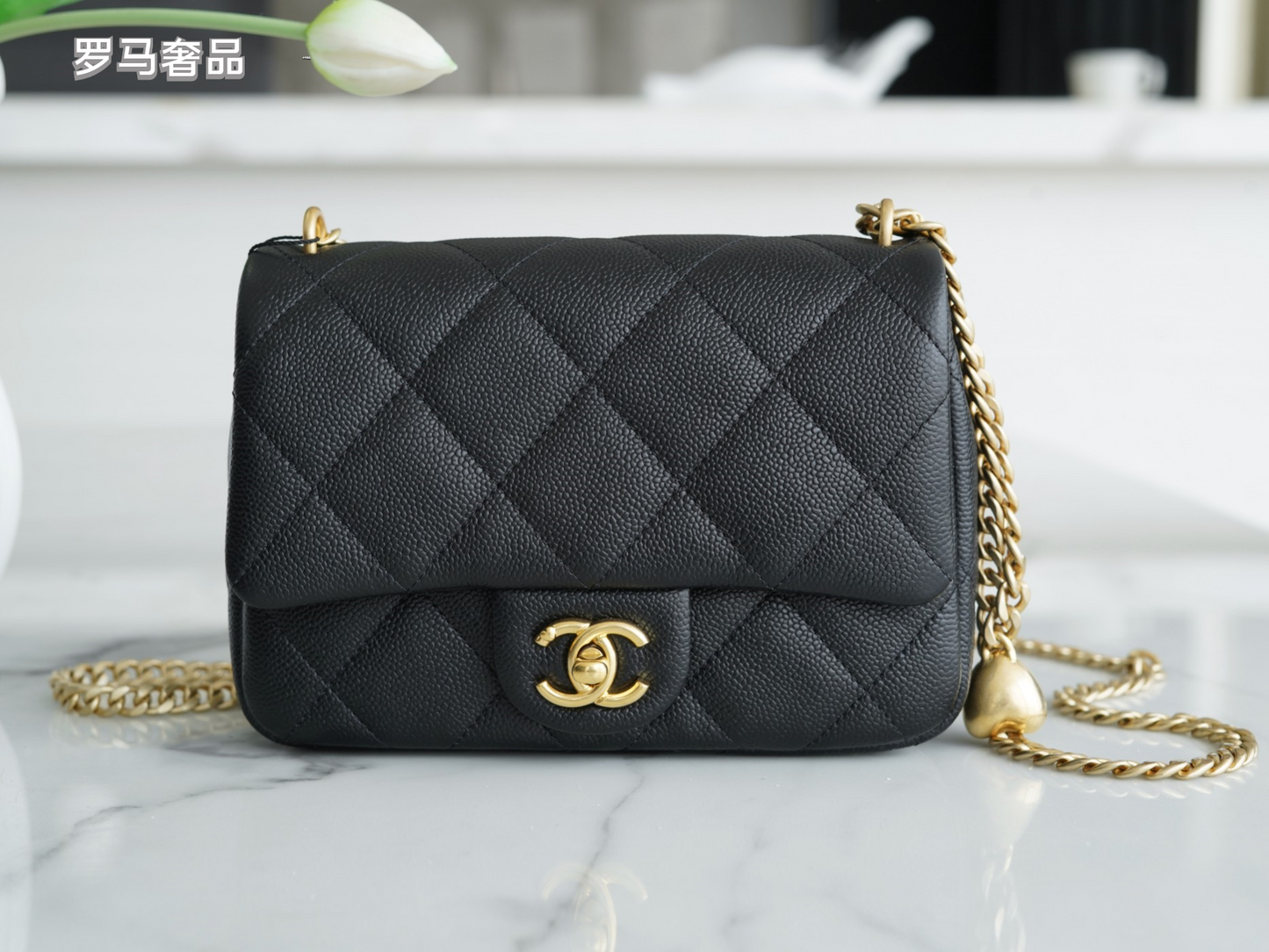 Chanel Quilted Leather Mini Flap Bag with Gold Heart Charm Chain - Black