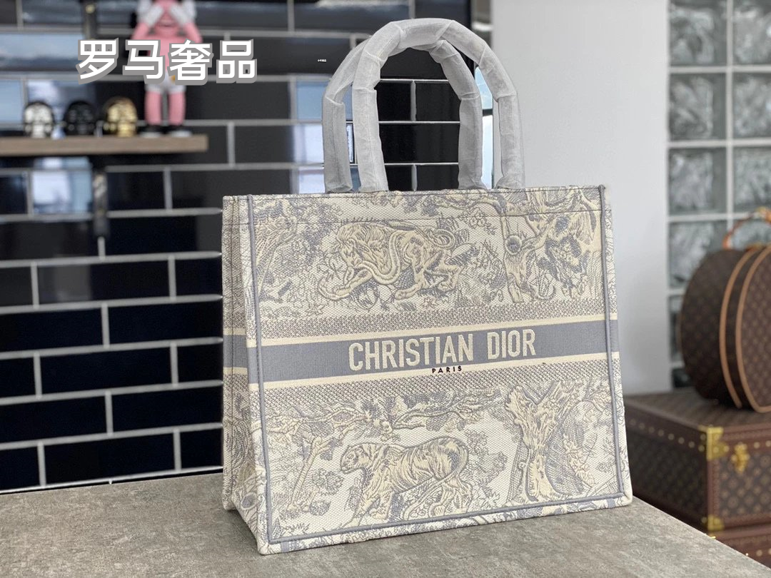 Dior Book Tote Bag Blue Toile de Jouy Embroidery