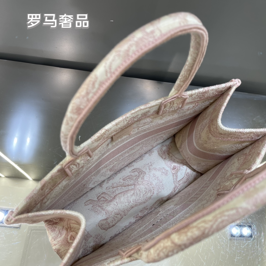 Dior Pink and Beige Floral Embroidered Top Handle Canvas Tote Bag
