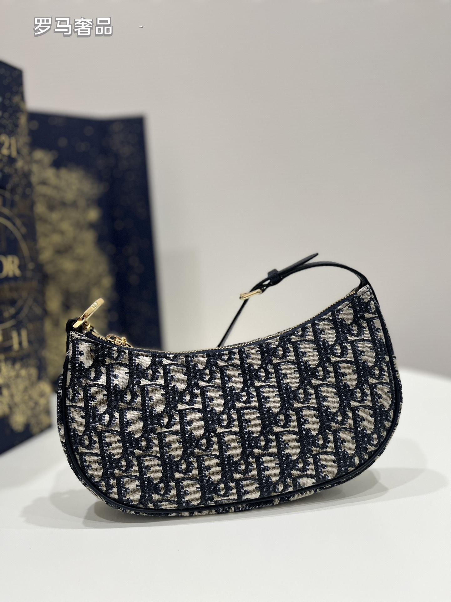 Dior Elegant Monogram Canvas Crescent Shoulder Bag with Gold Chain