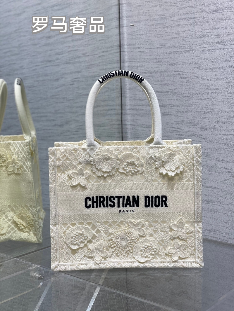 Dior Elegant White 3D Floral Lace Embroidered Canvas Tote Handbag