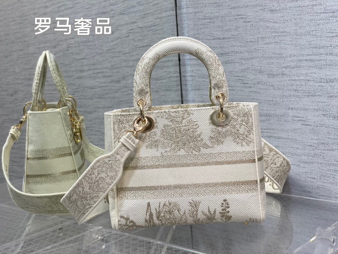 Dior Elegant Baroque Embroidered Canvas Top Handle Handbag for Women