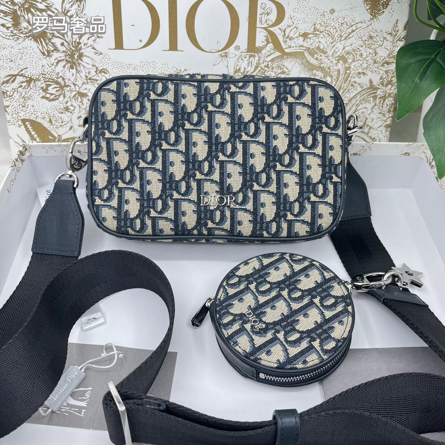 Dior Classic Monogram Canvas Crossbody Bag with Round Coin Pouch