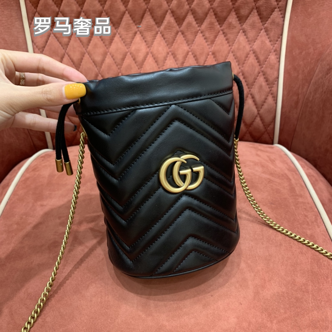 GG Marmont Matelassé Bucket Bag - Black Leather with Gold Hardware